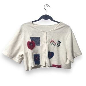 Vintage 90s White Cropped Short Sleeve Button Up Shirt Cottagecore Spring Retro